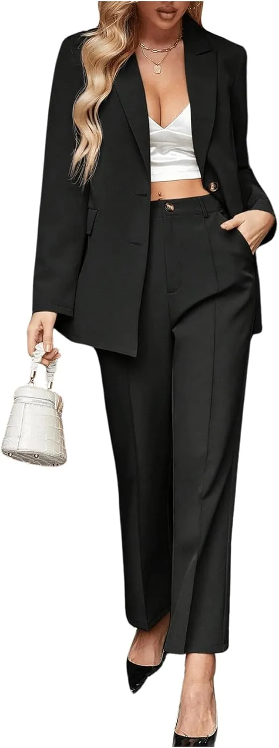 SweatyRocks Women's 2 Piece Blazer Set Button Front Long Sleeve Blazer and Pants Solid Business Office Suits Set