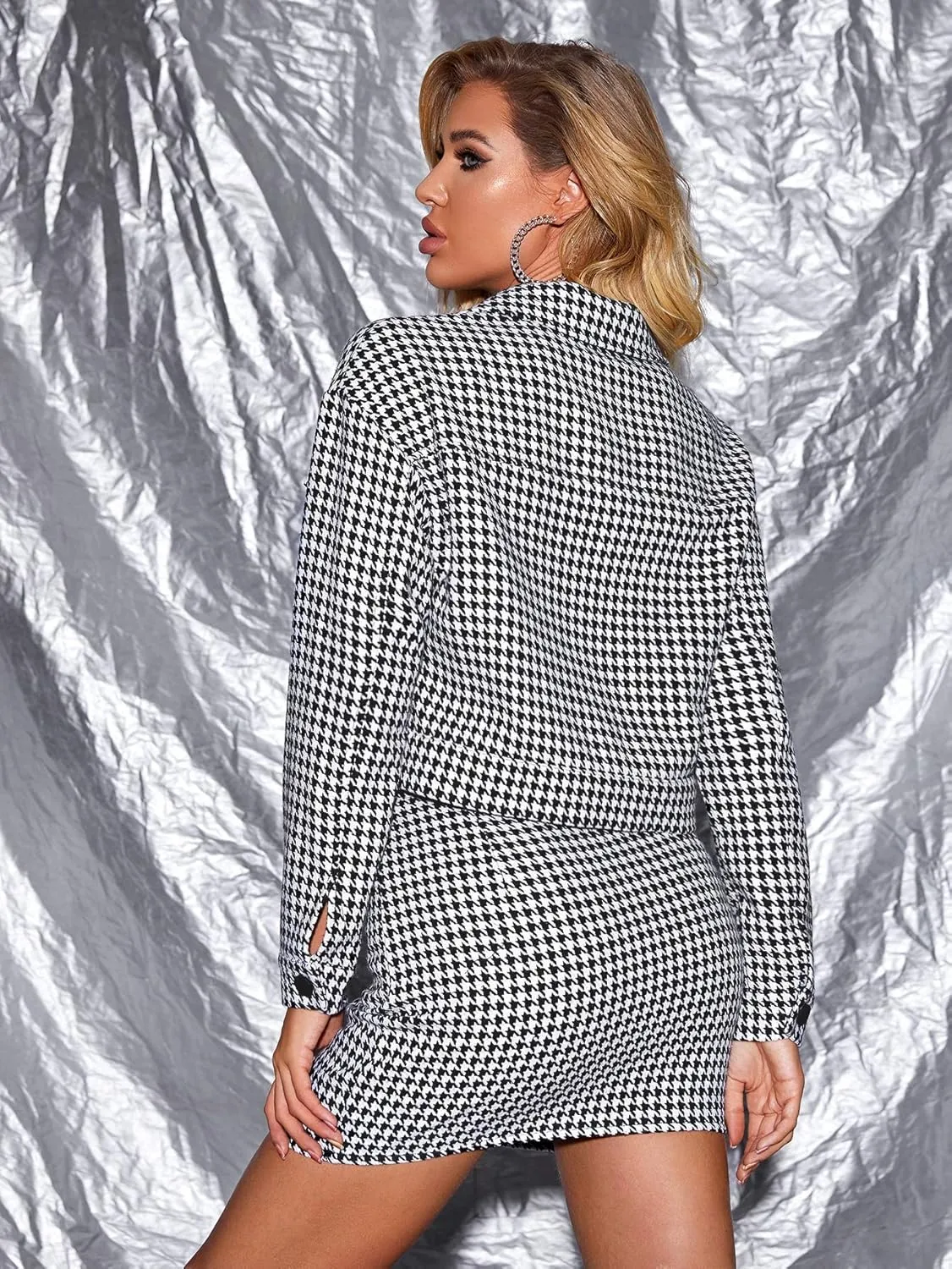 SweatyRocks Women's Business Suit 2 Pieces Tweed Blazer Jacket Coat and Skirt Set