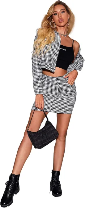 SweatyRocks Women's Business Suit 2 Pieces Tweed Blazer Jacket Coat and Skirt Set