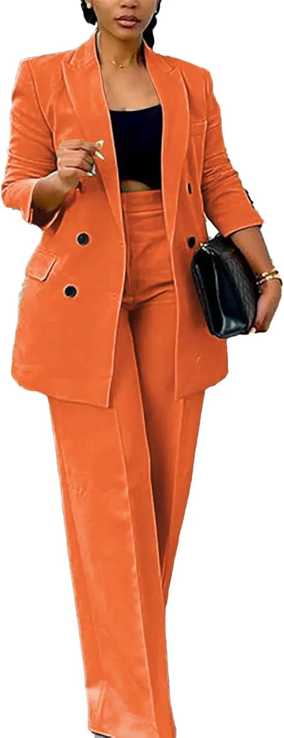 Tcremisa Women's Fashion Pants Suit 2 Piece Business Outfits Casual Double Breasted Blazer and Pant Sets