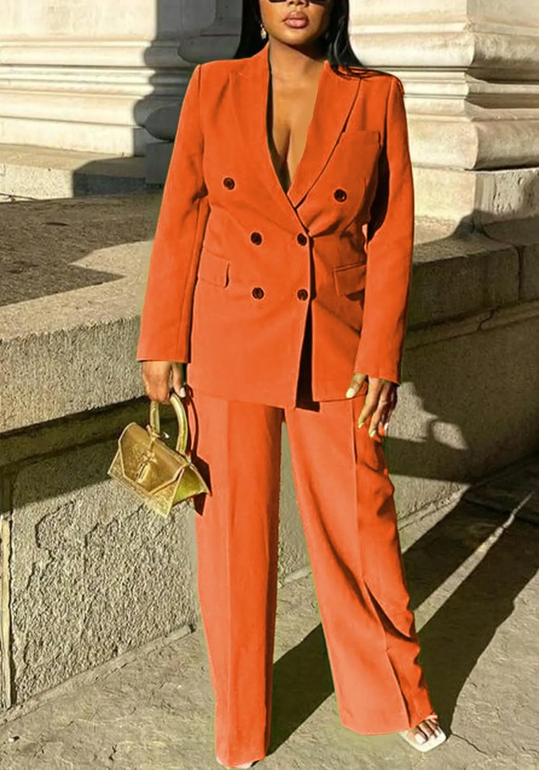 Tcremisa Women's Fashion Pants Suit 2 Piece Business Outfits Casual Double Breasted Blazer and Pant Sets