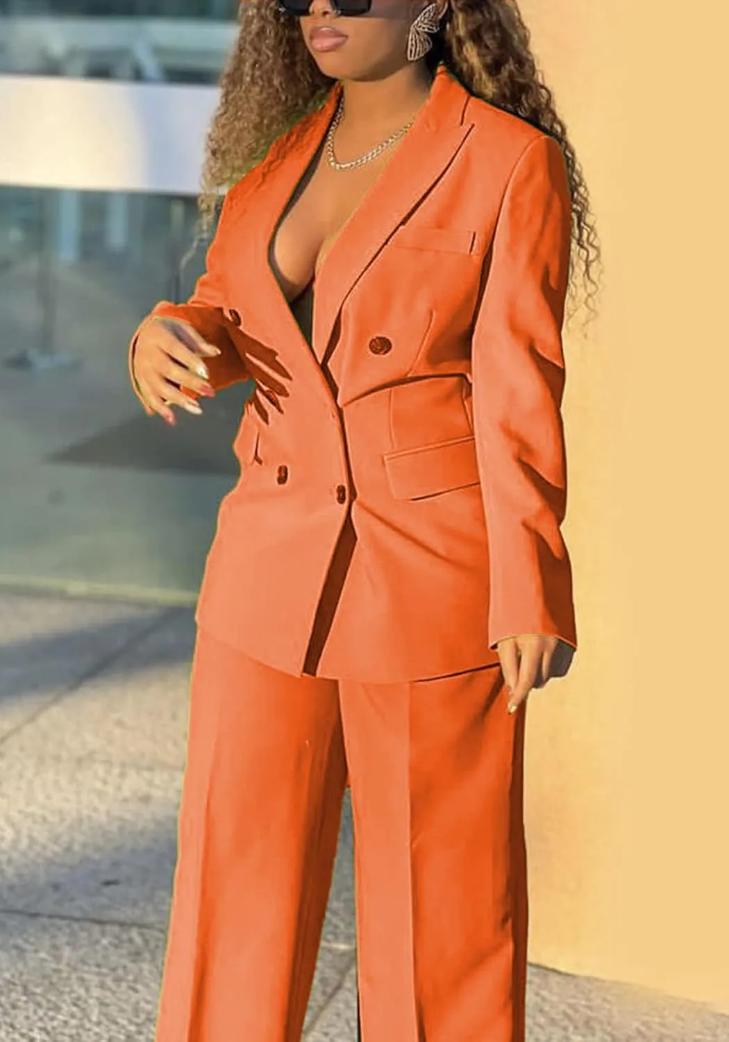 Tcremisa Women's Fashion Pants Suit 2 Piece Business Outfits Casual Double Breasted Blazer and Pant Sets