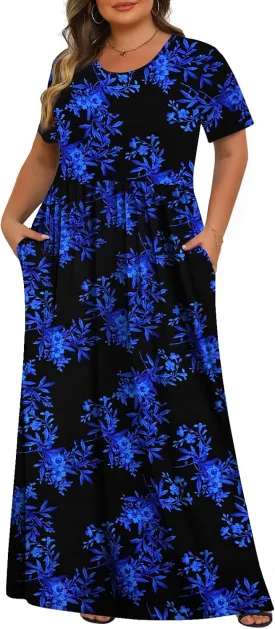 Tencede Womens Plus Size Maxi Dresses Summer 2025 Casual Short Sleeve with Pockets Long Dress 1X-5X