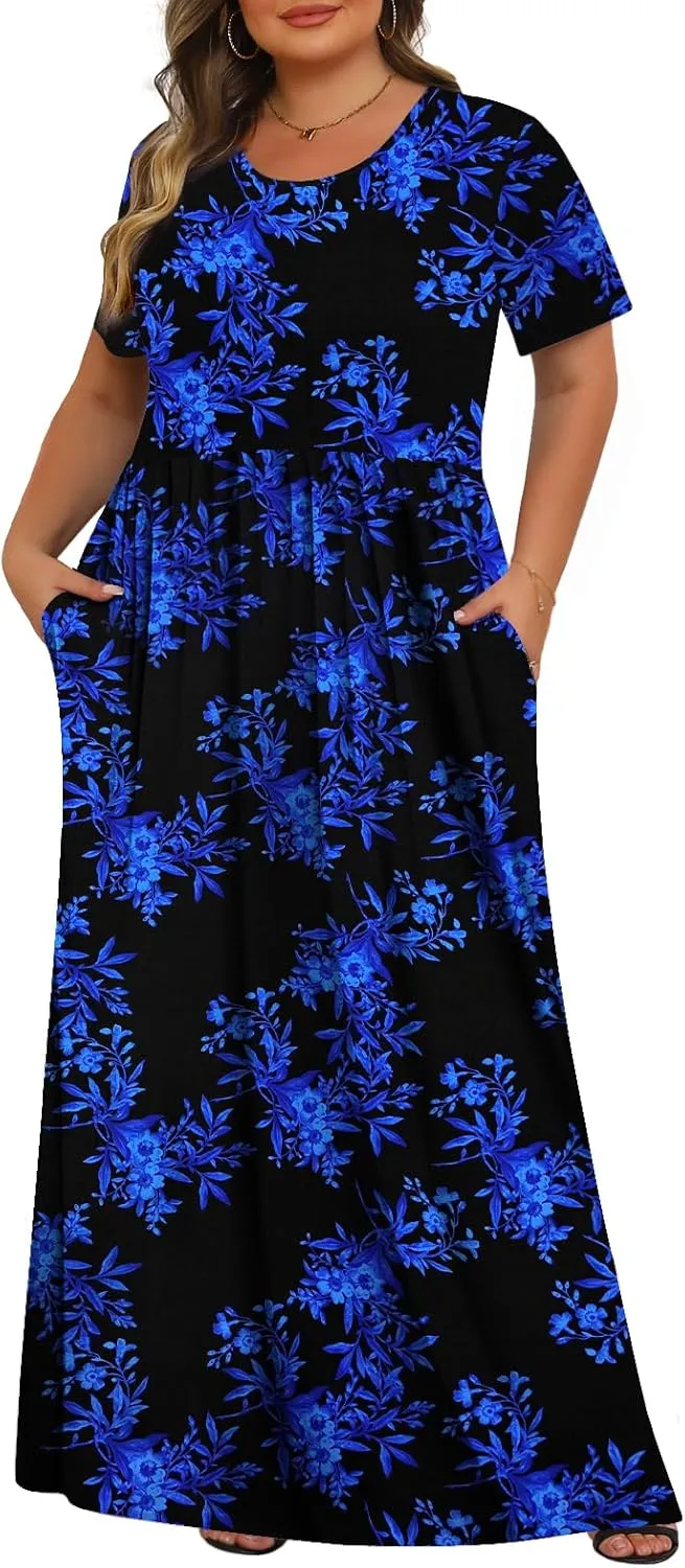 Tencede Womens Plus Size Maxi Dresses Summer 2025 Casual Short Sleeve with Pockets Long Dress 1X-5X