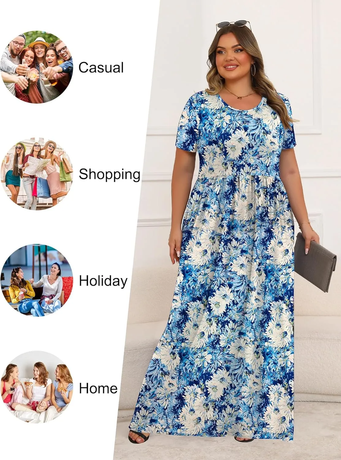 Tencede Womens Plus Size Maxi Dresses Summer 2025 Casual Short Sleeve with Pockets Long Dress 1X-5X