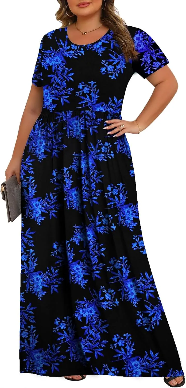 Tencede Womens Plus Size Maxi Dresses Summer 2025 Casual Short Sleeve with Pockets Long Dress 1X-5X