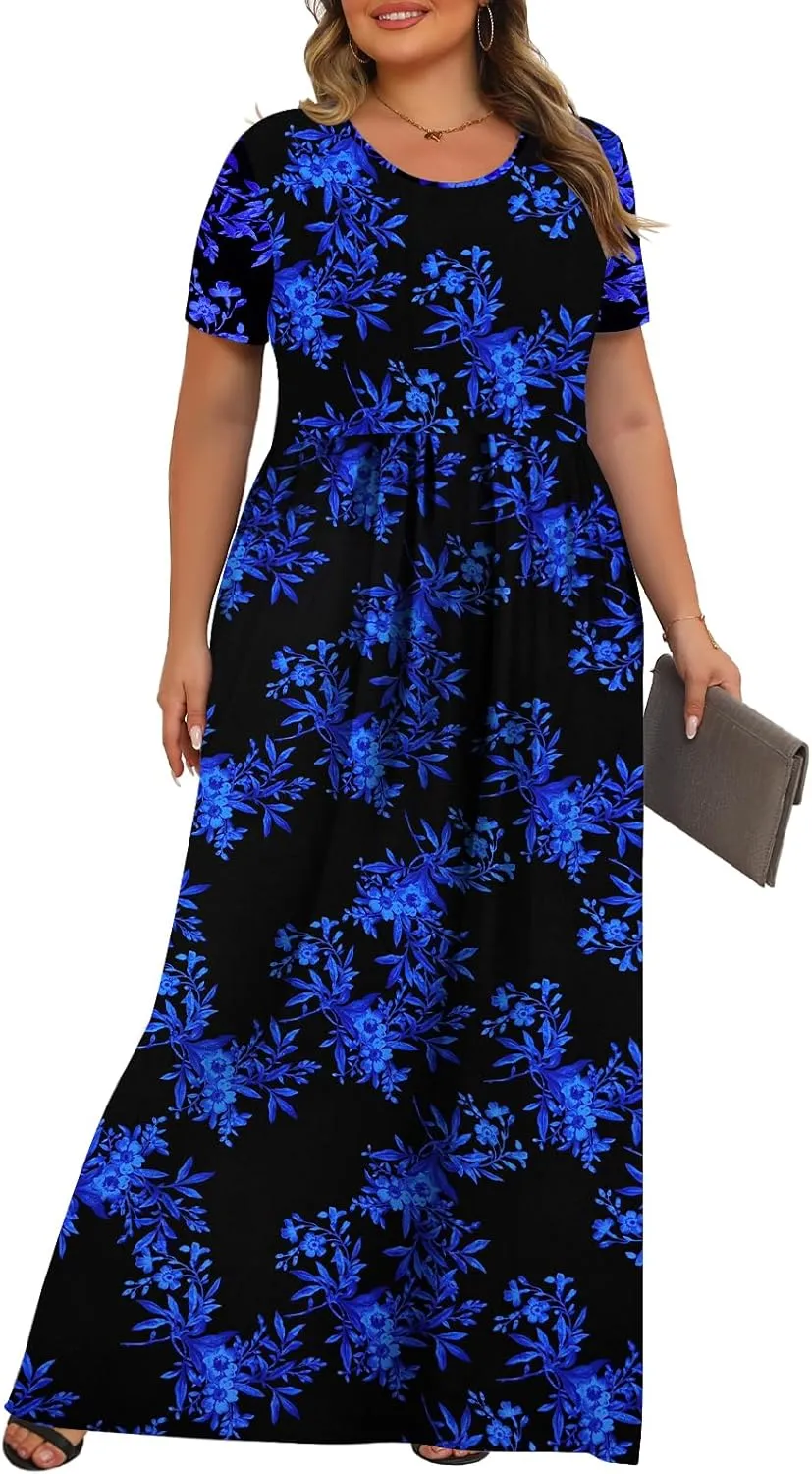 Tencede Womens Plus Size Maxi Dresses Summer 2025 Casual Short Sleeve with Pockets Long Dress 1X-5X