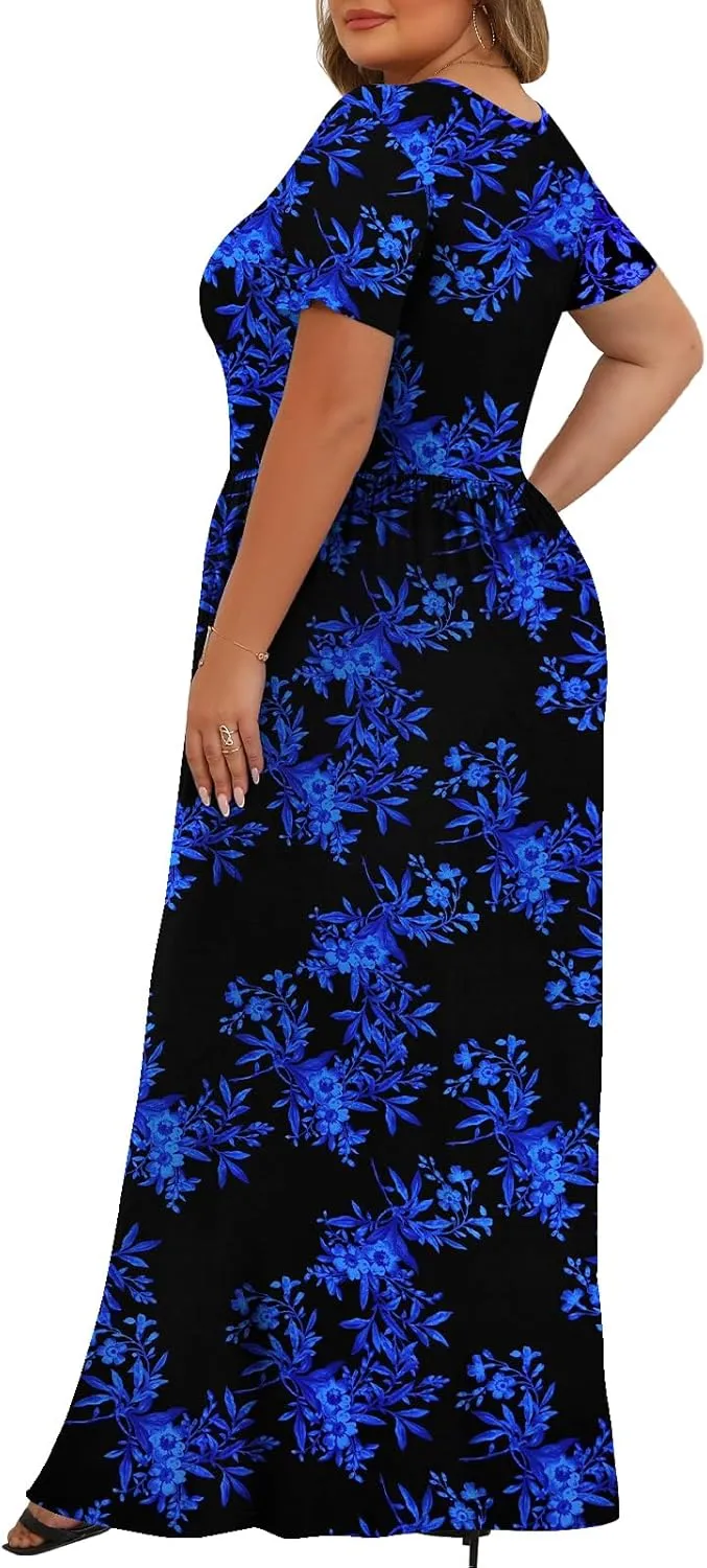 Tencede Womens Plus Size Maxi Dresses Summer 2025 Casual Short Sleeve with Pockets Long Dress 1X-5X