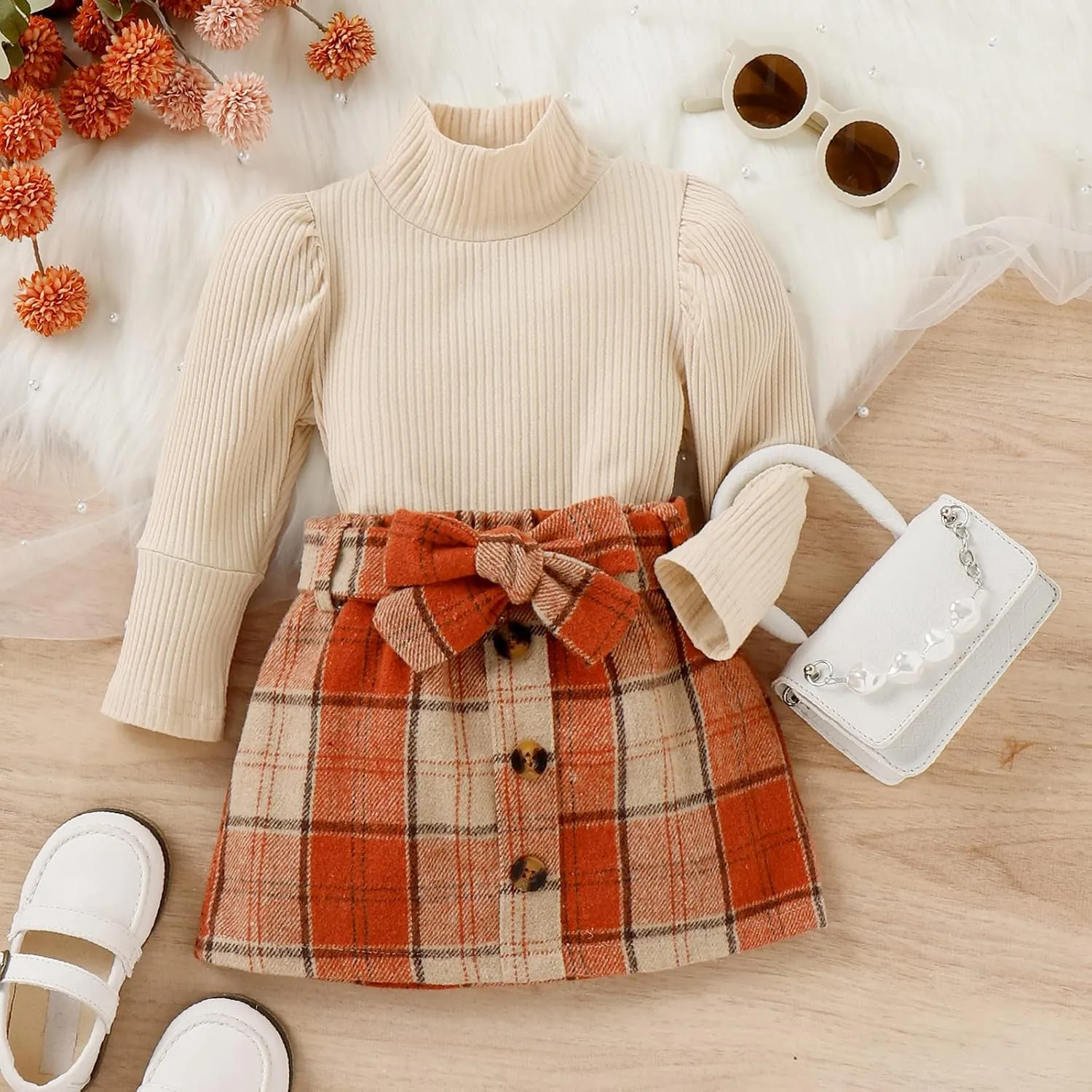 Toddler Girl Fall Clothes Baby Turtleneck Solid Knitted Pullover Top A-Line Button Mini Skirt Set Girls 2Pcs Oufits