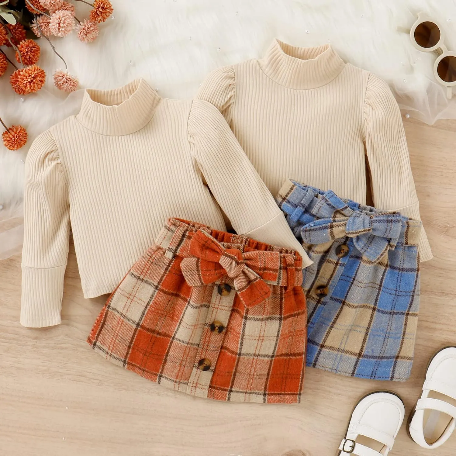 Toddler Girl Fall Clothes Baby Turtleneck Solid Knitted Pullover Top A-Line Button Mini Skirt Set Girls 2Pcs Oufits