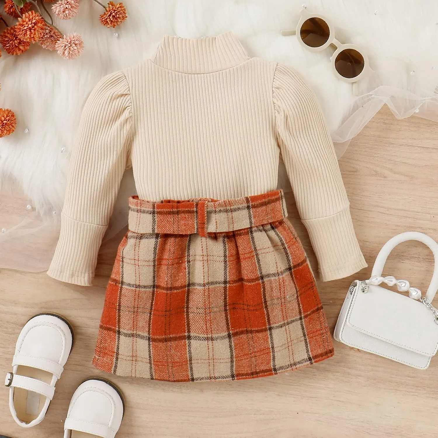 Toddler Girl Fall Clothes Baby Turtleneck Solid Knitted Pullover Top A-Line Button Mini Skirt Set Girls 2Pcs Oufits