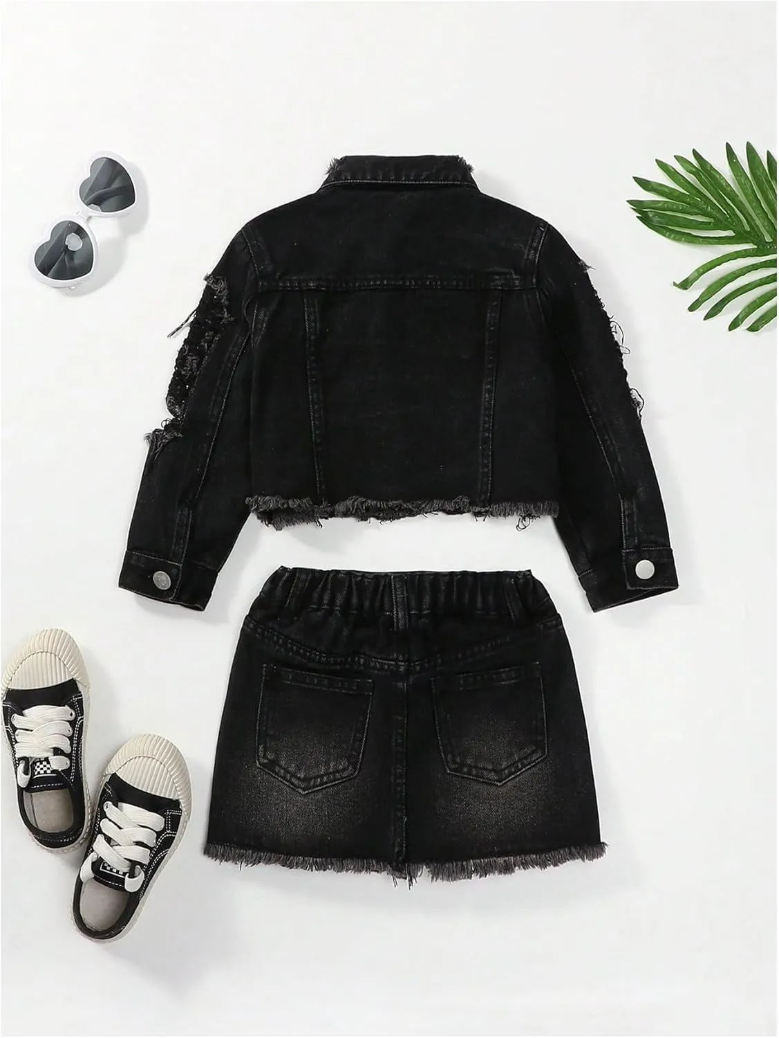 WDIRARA Girl's 2 Piece Outfit Ripped Button Front Long Sleeve Denim Jackets and Mini Skirts Set