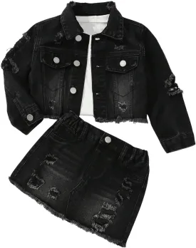 WDIRARA Girl's 2 Piece Outfit Ripped Button Front Long Sleeve Denim Jackets and Mini Skirts Set WDIRARA Girl's 2 Piece Outfit Ripped Button Front Long Sleeve Denim Jackets and Mini Skirts Set
