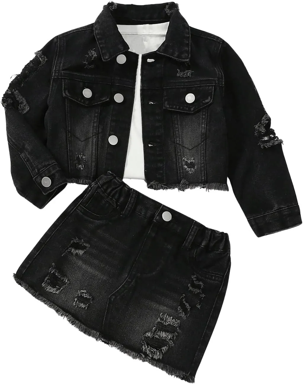 WDIRARA Girl's 2 Piece Outfit Ripped Button Front Long Sleeve Denim Jackets and Mini Skirts Set