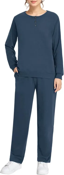 Weintee Women's Petite Sweatsuits Button Down Sweatshirt and Sweatpants Sets Cotton Jogging Suits