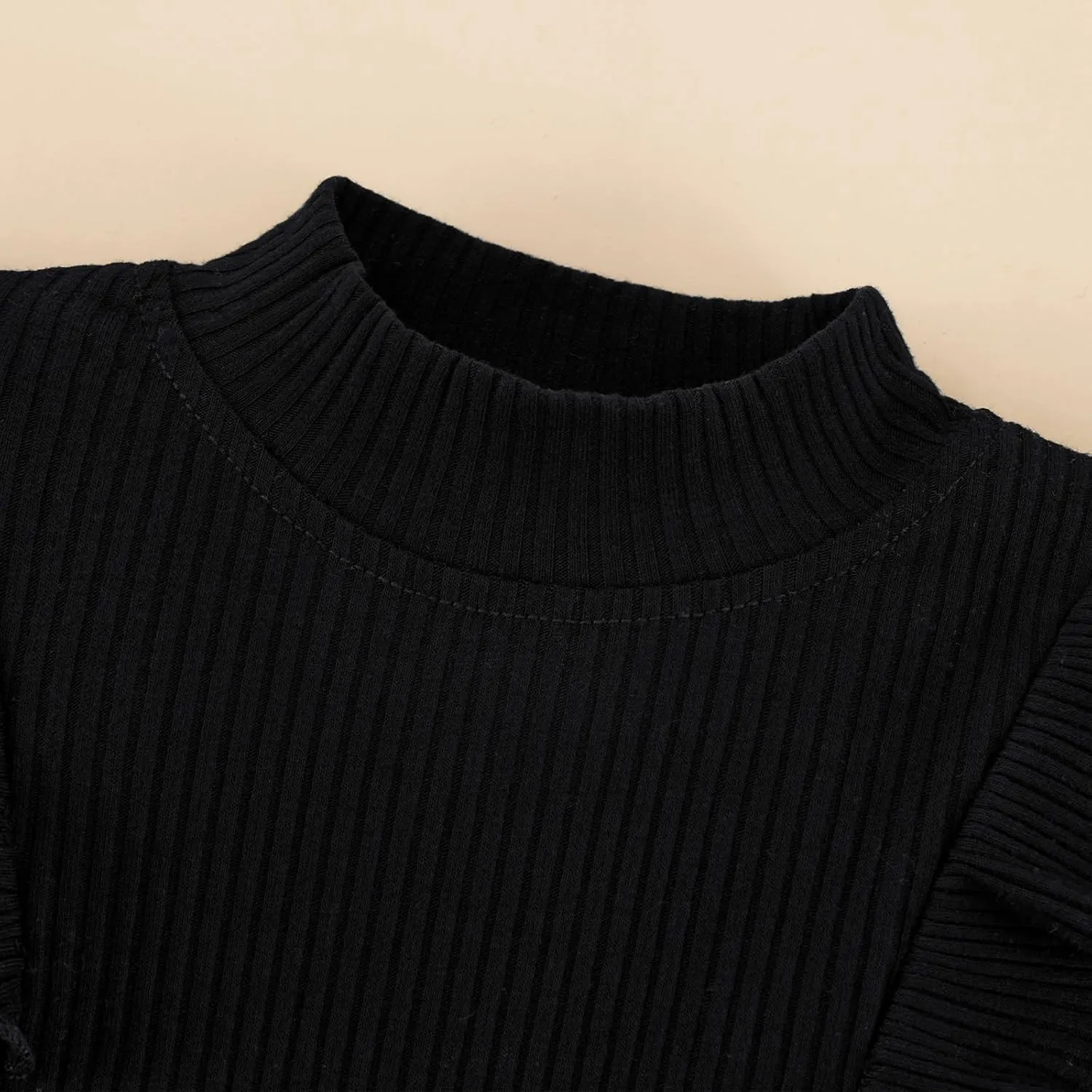 Weixinbuy Toddler Girl Fall Winter Clothes Solid Long Sleeve Ribbed T-Shirt Knit Tops Plaid Button Mini Skirts Set Outfits