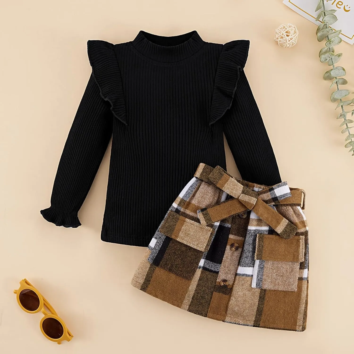 Weixinbuy Toddler Girl Fall Winter Clothes Solid Long Sleeve Ribbed T-Shirt Knit Tops Plaid Button Mini Skirts Set Outfits
