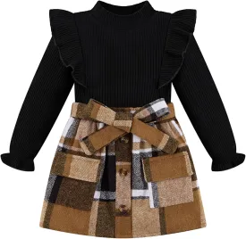 Weixinbuy Toddler Girl Fall Winter Clothes Solid Long Sleeve Ribbed T-Shirt Knit Tops Plaid Button Mini Skirts Set Outfits