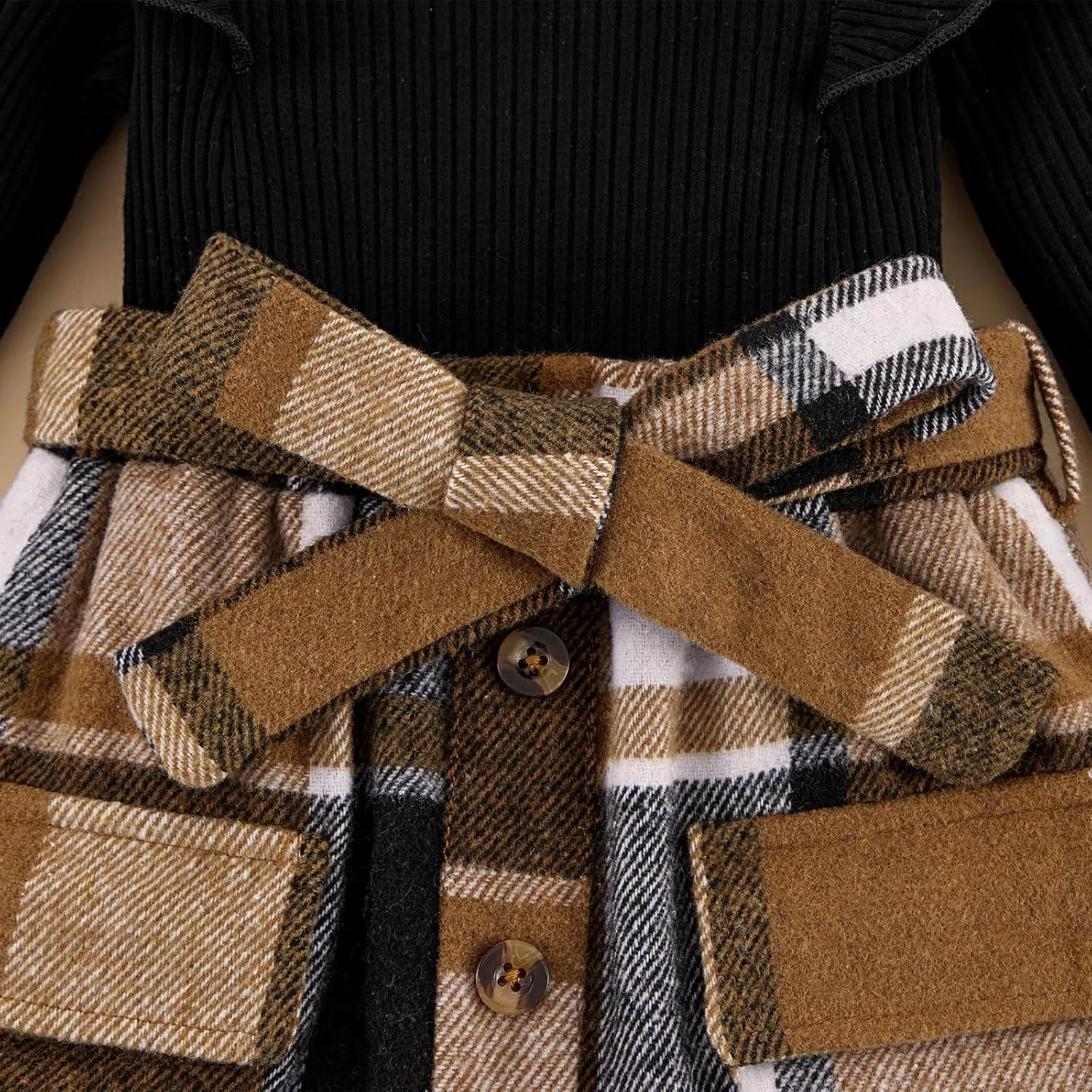 Weixinbuy Toddler Girl Fall Winter Clothes Solid Long Sleeve Ribbed T-Shirt Knit Tops Plaid Button Mini Skirts Set Outfits