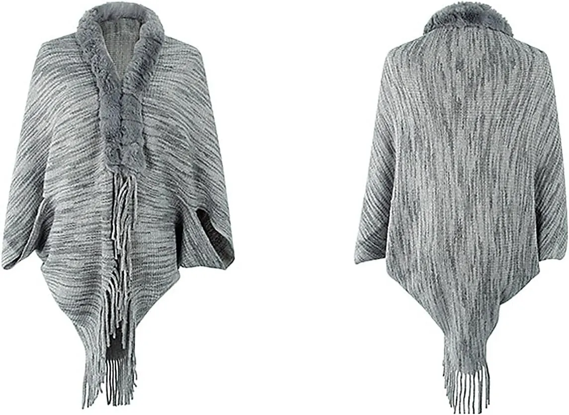 Women Fine Knit Open Front Sweater Fashion Fur Trim Layers Cape Cardigan Poncho Casual Vintage Knitted Tassel Wrap Shawl