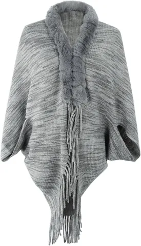 Women Fine Knit Open Front Sweater Fashion Fur Trim Layers Cape Cardigan Poncho Casual Vintage Knitted Tassel Wrap Shawl