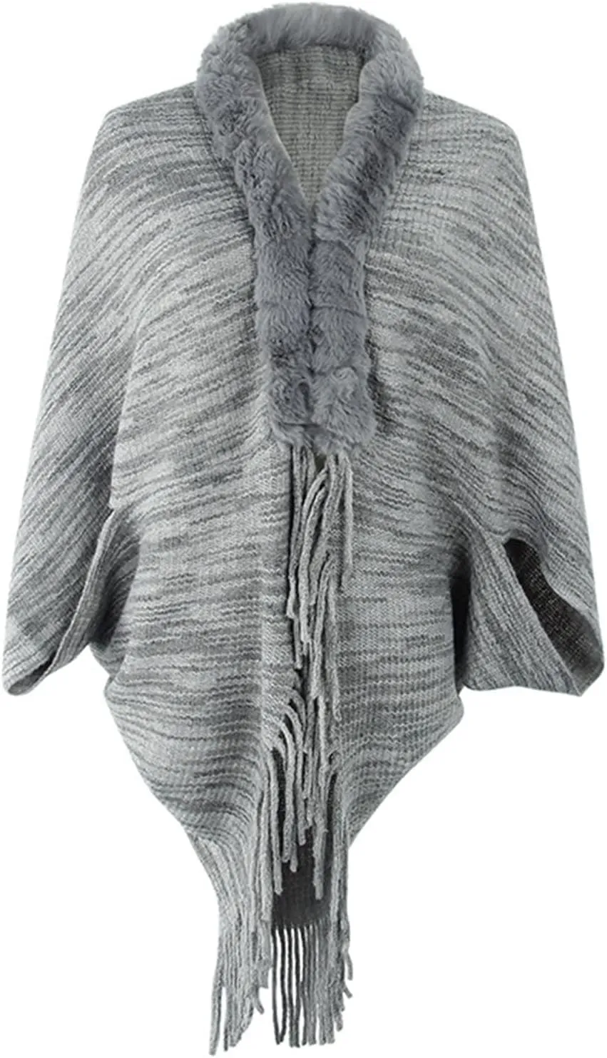 Women Fine Knit Open Front Sweater Fashion Fur Trim Layers Cape Cardigan Poncho Casual Vintage Knitted Tassel Wrap Shawl