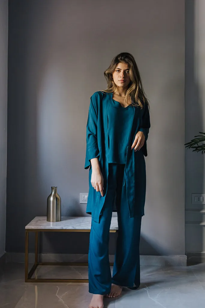 Women summer 3 piece pajama set  Petroleum Top   Petroleum kimono & Pants