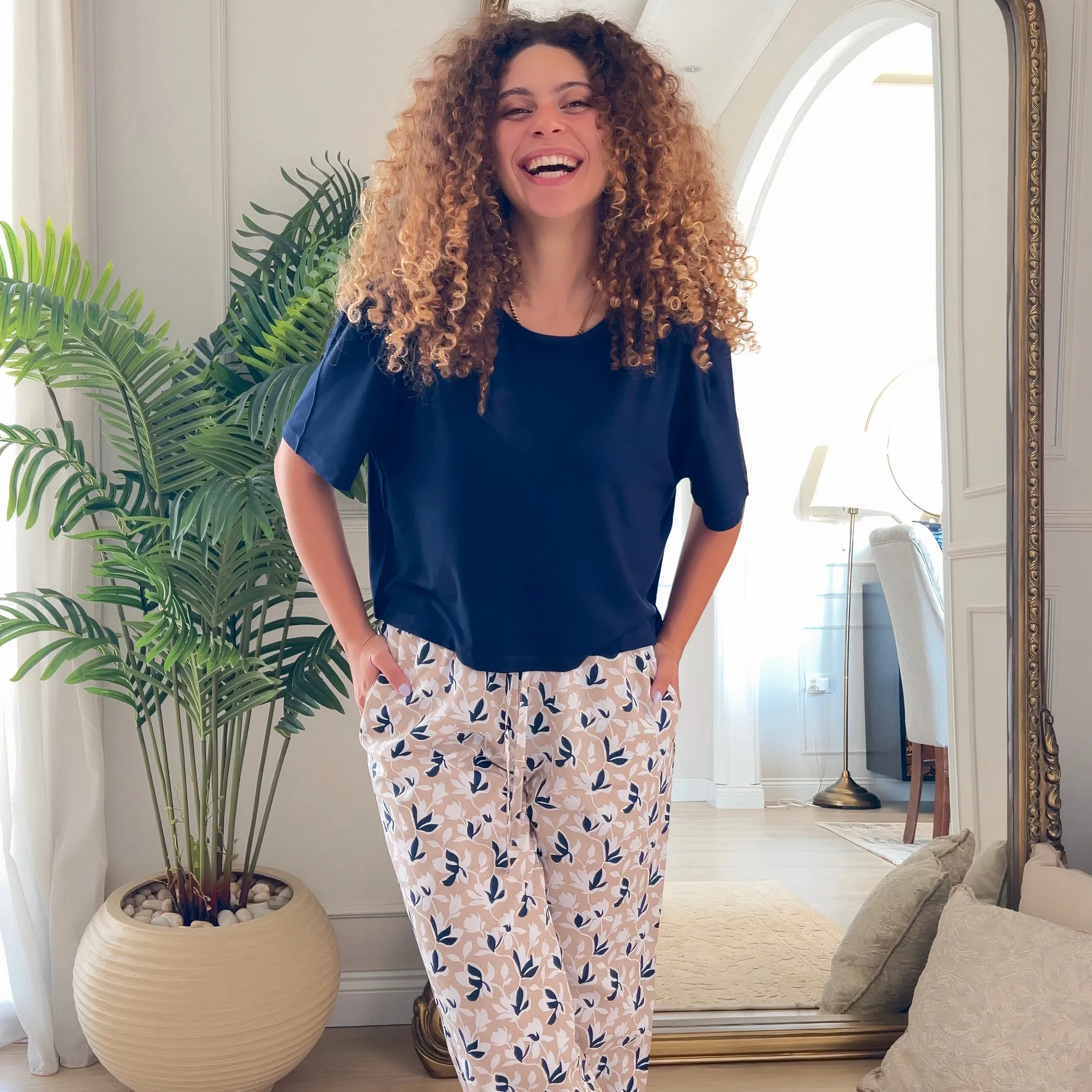 Women summer pajama set Dark Blue Cropped top   cafe x dark blue floral pants