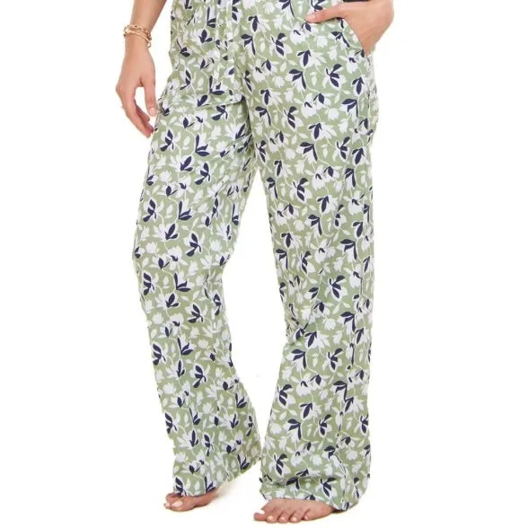 Women summer pajama set Off White Cropped top   Green x Blue floral Pattern pants