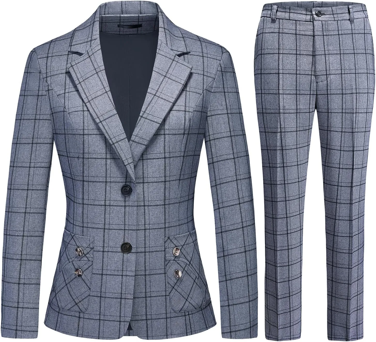 Womens 2 Piece Plaid Suits Set Business Office One Button Blazer Jacket Casual Long Sleeve Pant Suit Set