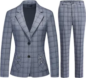 Womens 2 Piece Plaid Suits Set Business Office One Button Blazer Jacket Casual Long Sleeve Pant Suit Set