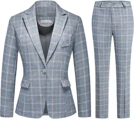 Womens 2 Piece Plaid Suits Set Business Office One Button Blazer Jacket Casual Long Sleeve Pant Suit Set