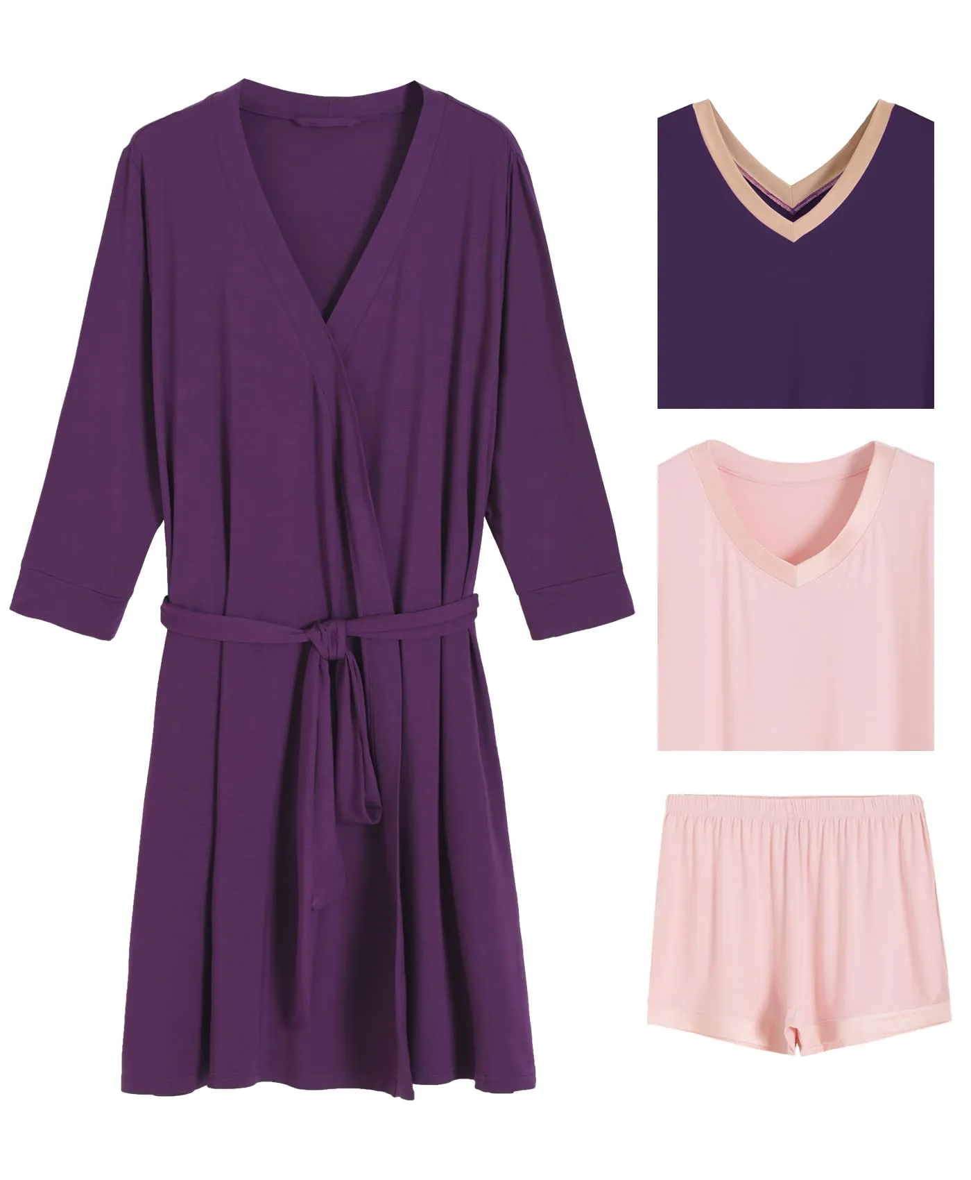 Women's 4 Piece Bamboo Viscose Pajama Set and Nightgown with Robe