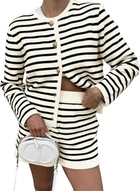 Womens Striped 2 Piece Set Sweater Outfits Long Sleeve Crew Neck Button Cardigan Casual Knit High Waist Lounge Set