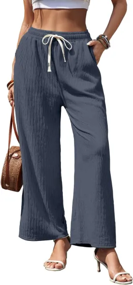 Womens Wide Leg Elastic Waisted Pants Palazzo Trousers Adjustable Drawstring Casual Long Pleated Pants with Pockets