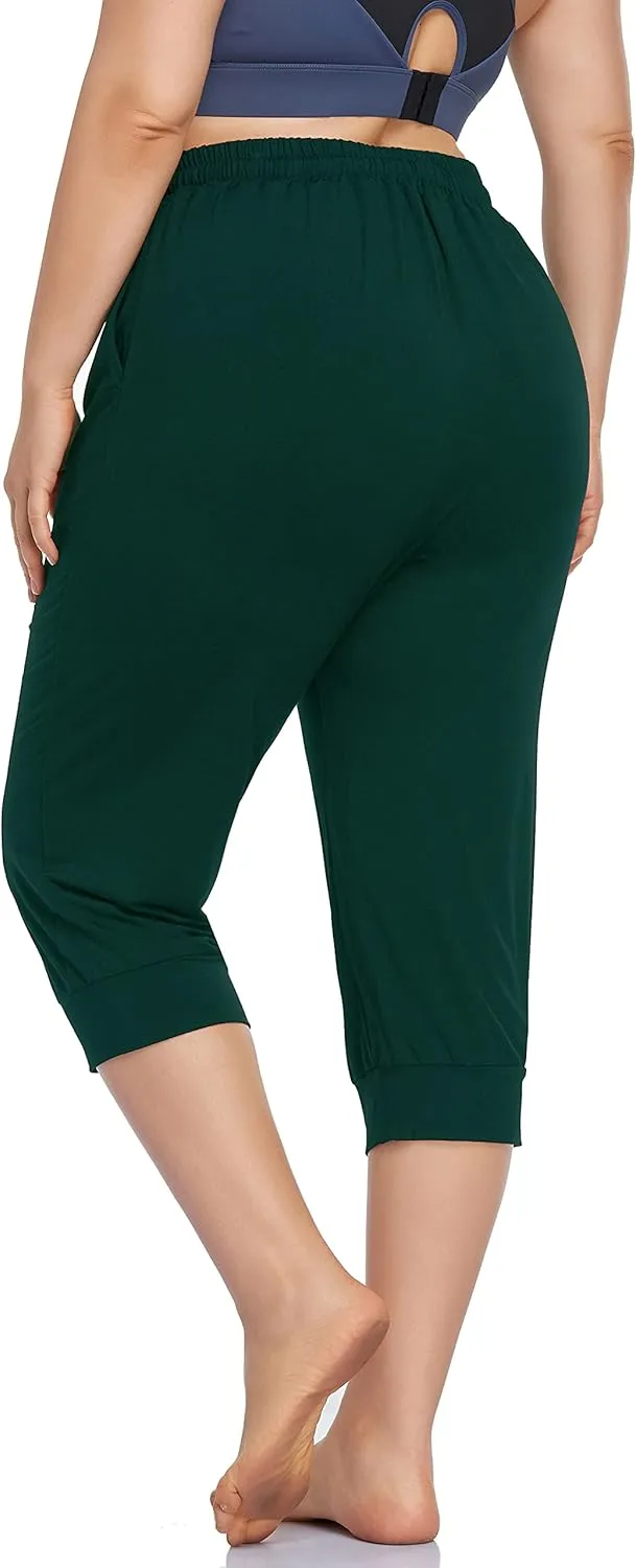 ZERDOCEAN Women's Plus Size Active Yoga Lounge Indoor Capri Casual Comfy Relaxed Joggers Pants with Pockets Drawstring