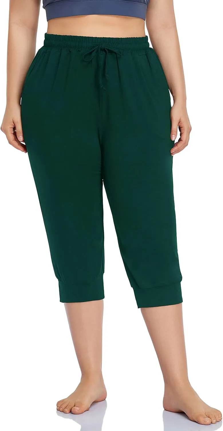 ZERDOCEAN Women's Plus Size Active Yoga Lounge Indoor Capri Casual Comfy Relaxed Joggers Pants with Pockets Drawstring