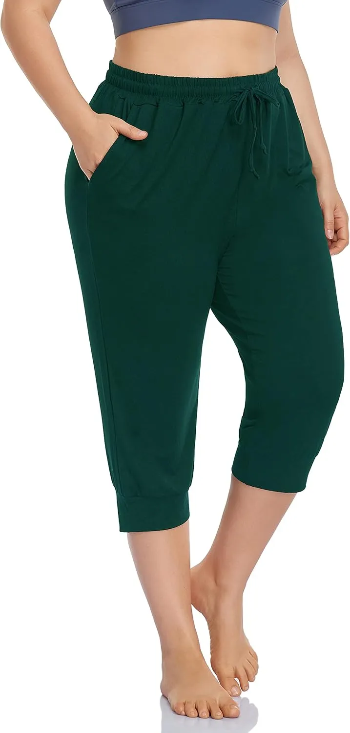 ZERDOCEAN Women's Plus Size Active Yoga Lounge Indoor Capri Casual Comfy Relaxed Joggers Pants with Pockets Drawstring