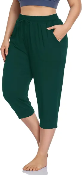 ZERDOCEAN Women's Plus Size Active Yoga Lounge Indoor Capri Casual Comfy Relaxed Joggers Pants with Pockets Drawstring