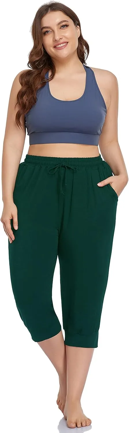 ZERDOCEAN Women's Plus Size Active Yoga Lounge Indoor Capri Casual Comfy Relaxed Joggers Pants with Pockets Drawstring