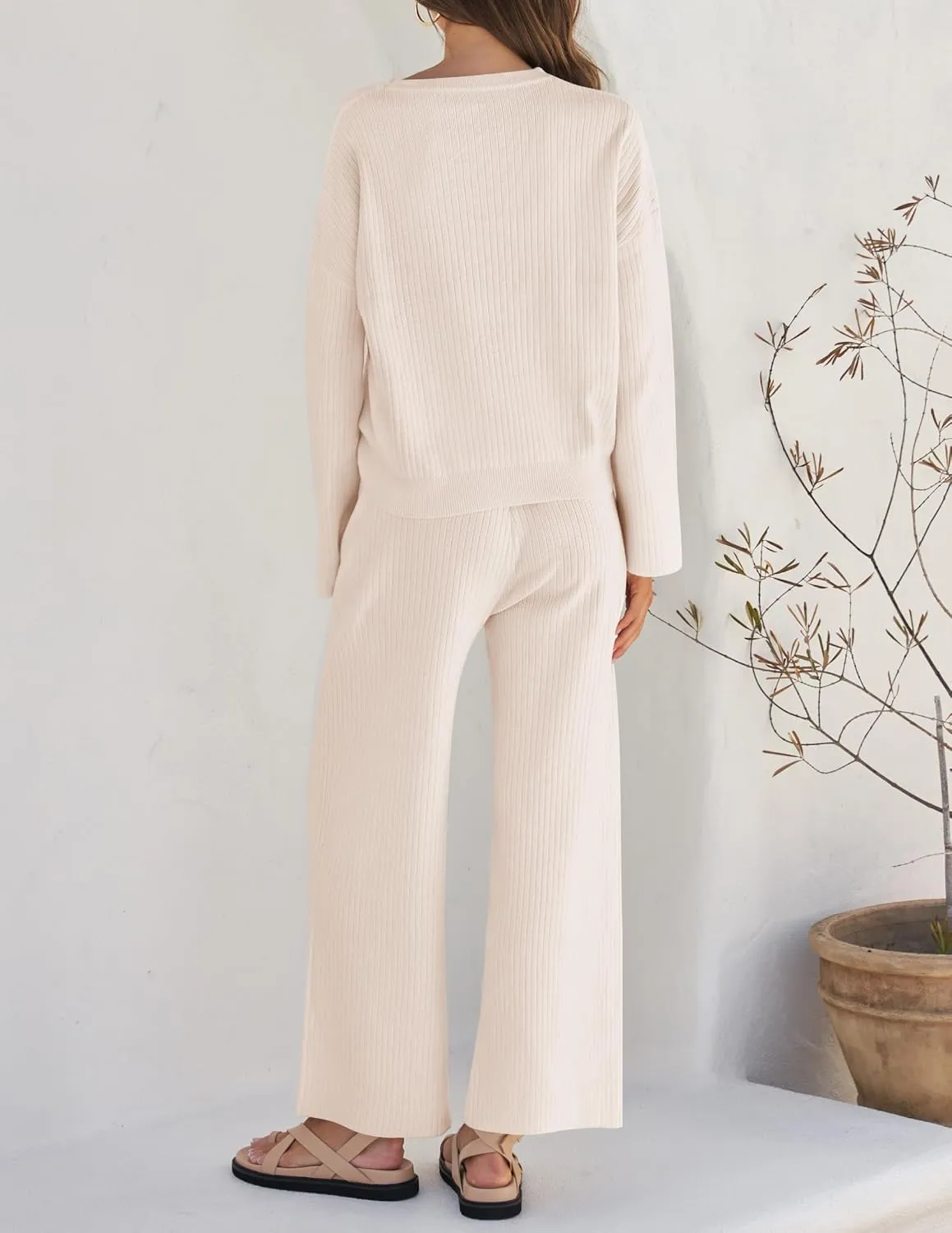 ZESICA Women's 2 Piece Outfits Set Casual Long Sleeve Knit Pullover Top and Wide Leg Pants Sweatsuit Lounge Sets