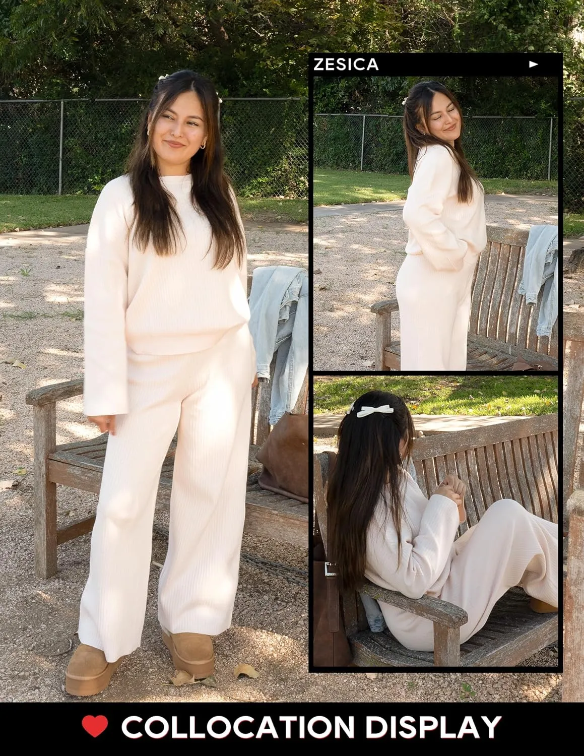 ZESICA Women's 2 Piece Outfits Set Casual Long Sleeve Knit Pullover Top and Wide Leg Pants Sweatsuit Lounge Sets