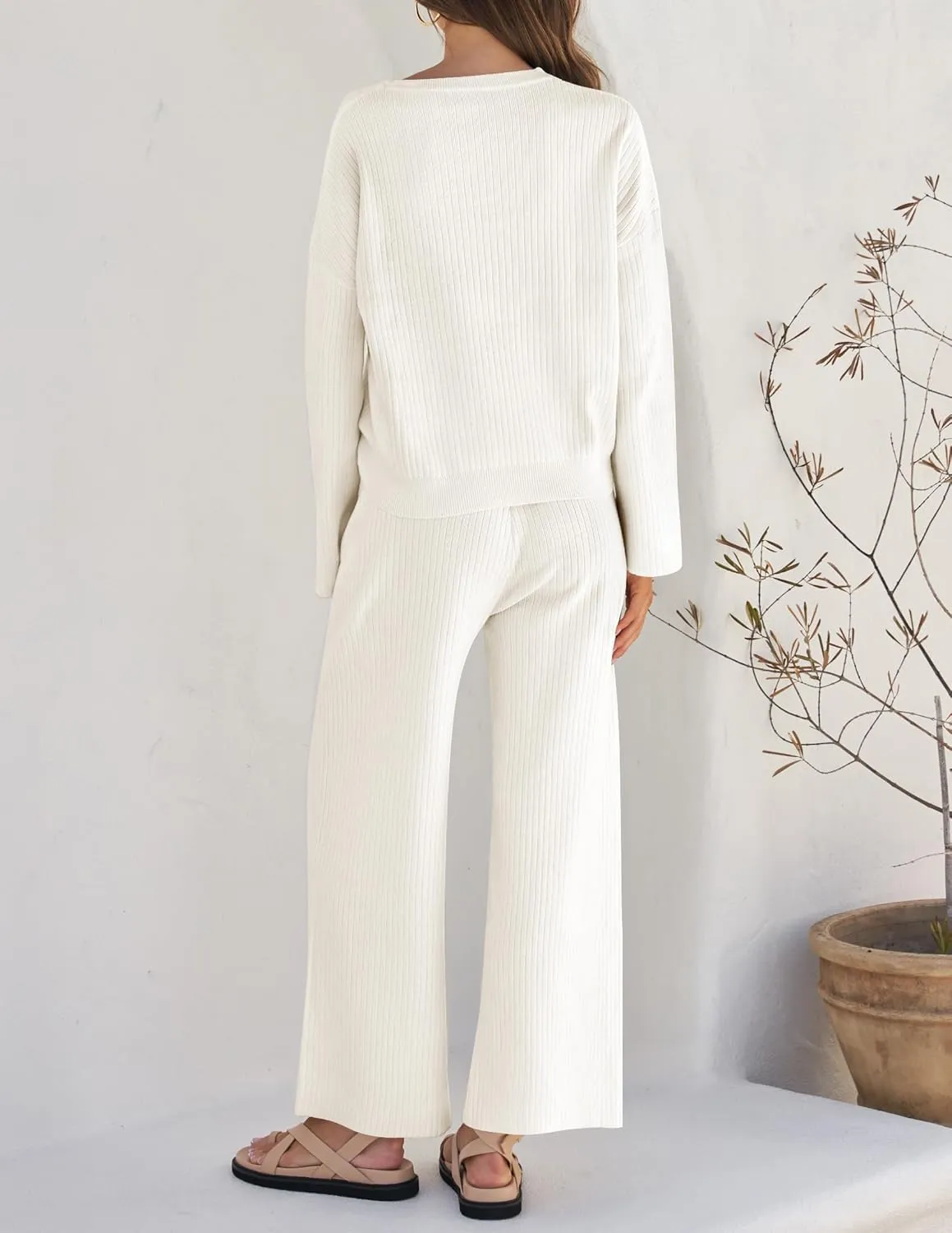 ZESICA Women's 2 Piece Outfits Set Casual Long Sleeve Knit Pullover Top and Wide Leg Pants Sweatsuit Lounge Sets
