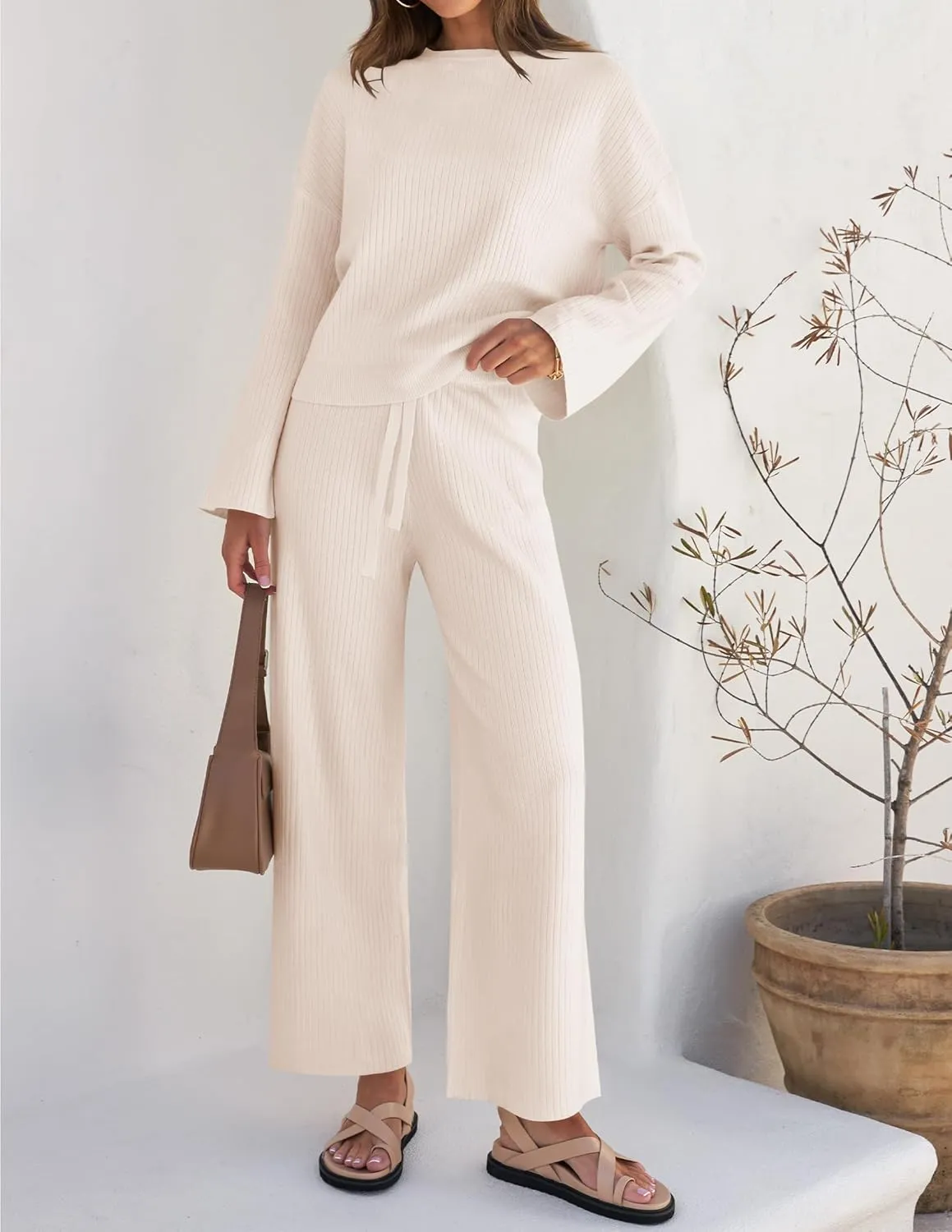 ZESICA Women's 2 Piece Outfits Set Casual Long Sleeve Knit Pullover Top and Wide Leg Pants Sweatsuit Lounge Sets