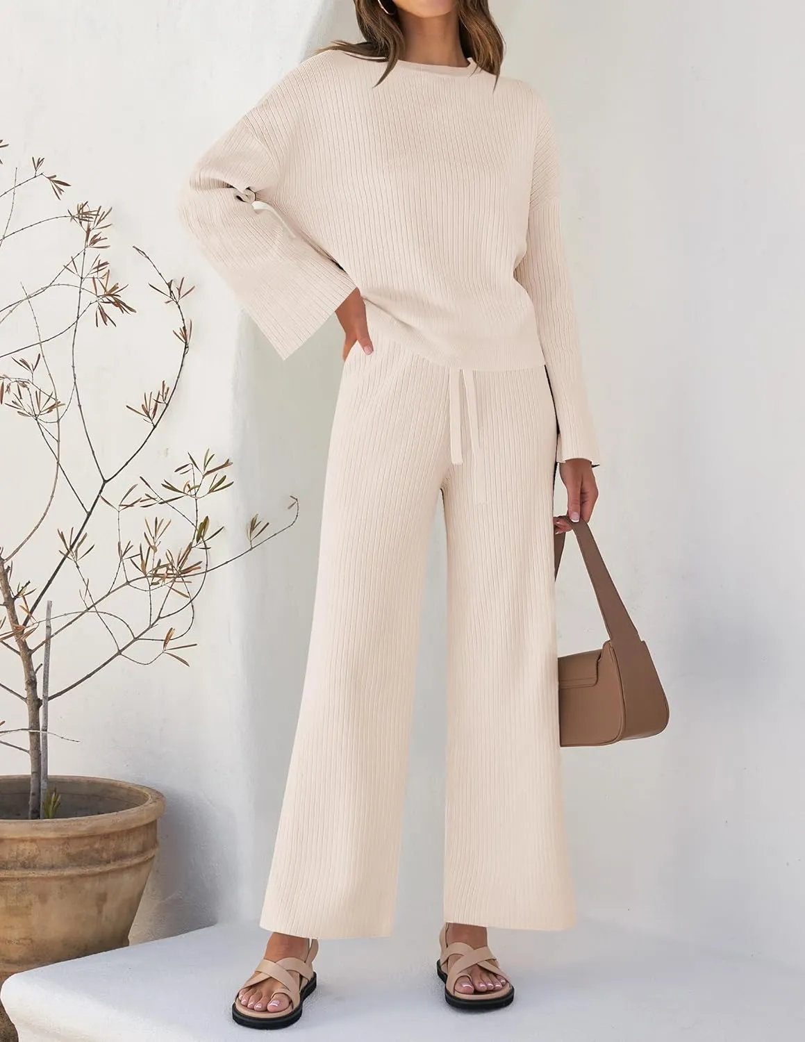 ZESICA Women's 2 Piece Outfits Set Casual Long Sleeve Knit Pullover Top and Wide Leg Pants Sweatsuit Lounge Sets