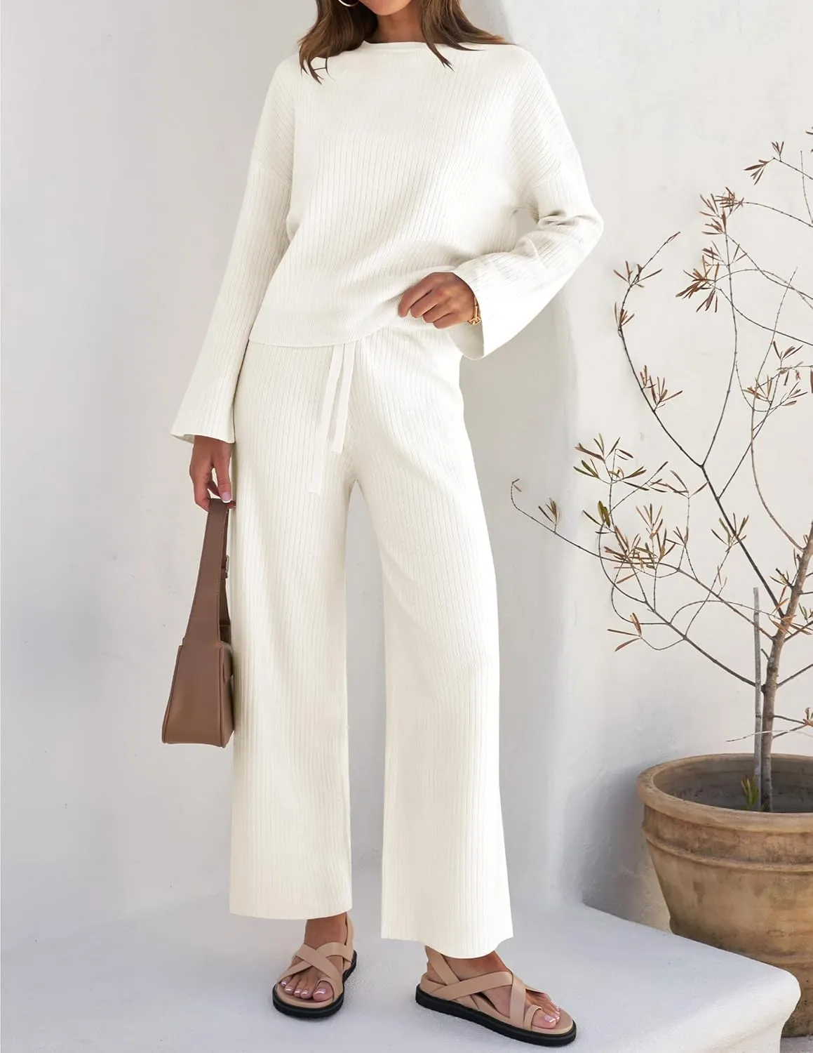ZESICA Women's 2 Piece Outfits Set Casual Long Sleeve Knit Pullover Top and Wide Leg Pants Sweatsuit Lounge Sets