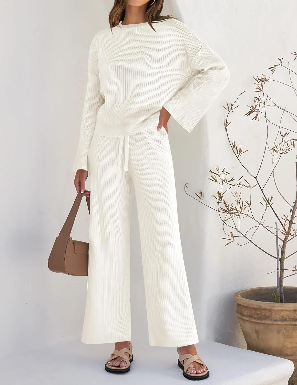 ZESICA Women's 2 Piece Outfits Set Casual Long Sleeve Knit Pullover Top and Wide Leg Pants Sweatsuit Lounge Sets