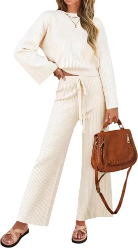 ZESICA Women's 2 Piece Outfits Set Casual Long Sleeve Knit Pullover Top and Wide Leg Pants Sweatsuit Lounge Sets