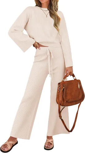 ZESICA Women's 2 Piece Outfits Set Casual Long Sleeve Knit Pullover Top and Wide Leg Pants Sweatsuit Lounge Sets