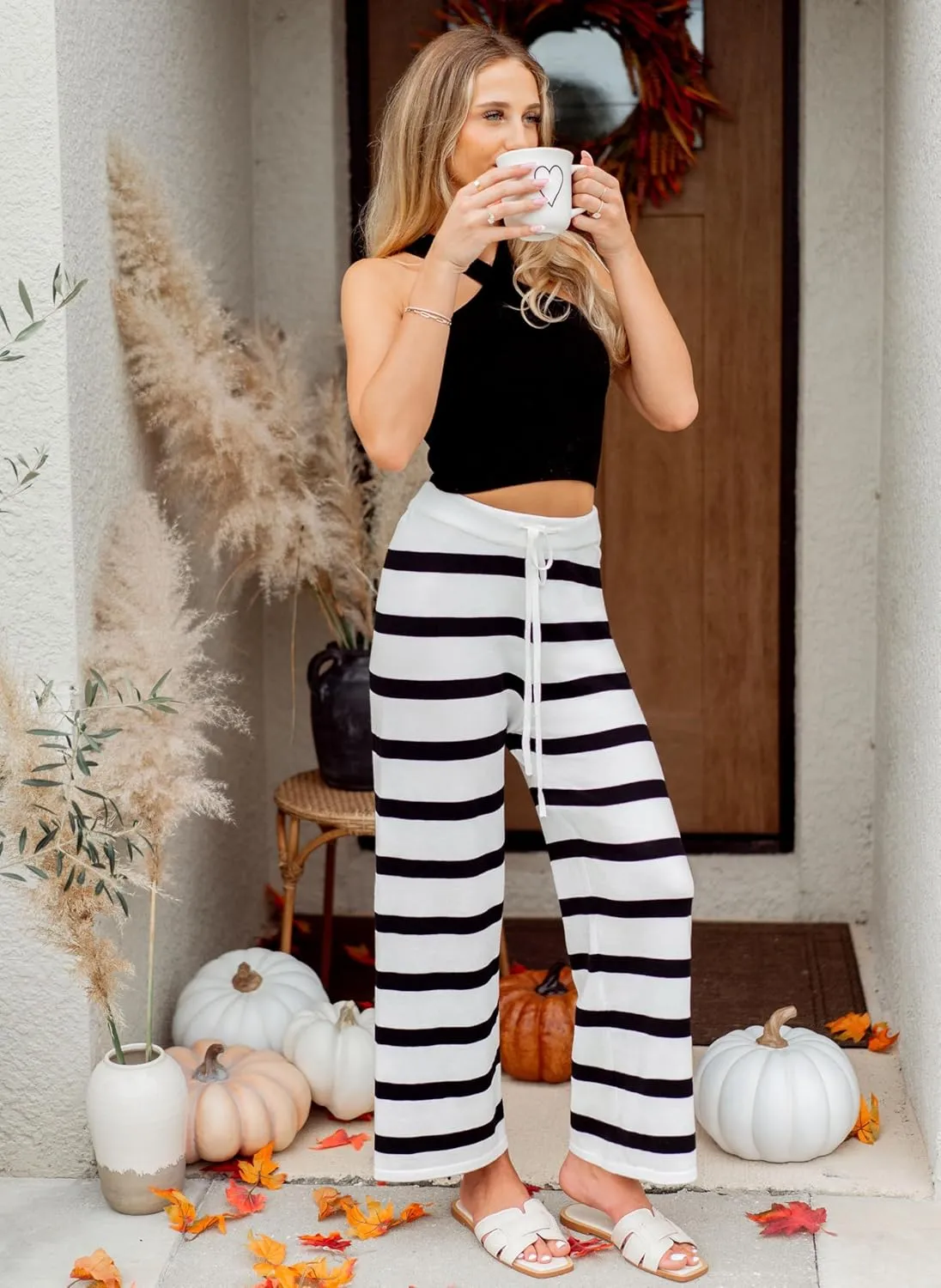 ZESICA Womens Casual Striped Wide Leg Pants Elastic Waist Drawstring Knit Loose Soft Pajama Lounge Pants Fall Clothes